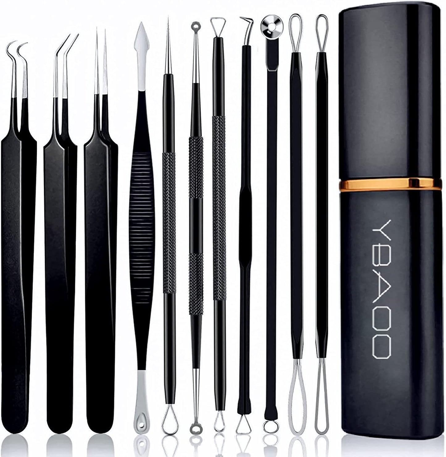 Pimple Popper Tool Kit 11 Pcs, Ybaoo Blackhead Remover Pimple Extractor Tools with Metal Case for Quick and Easy Removal of Blackheads,Pimples,Whiteheads,Zit Popper,Forehead,Facial and Nose (Black) Health & Beauty > Personal Care > Cosmetics > Cosmetic Tools > Skin Care Tools Ybaoo 11.0 12 Piece Set 