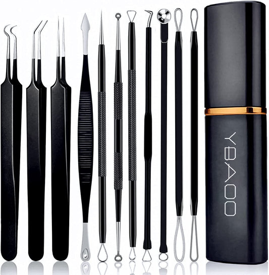 Pimple Popper Tool Kit 11 Pcs, Ybaoo Blackhead Remover Pimple Extractor Tools with Metal Case for Quick and Easy Removal of Blackheads,Pimples,Whiteheads,Zit Popper,Forehead,Facial and Nose (Black) Health & Beauty > Personal Care > Cosmetics > Cosmetic Tools > Skin Care Tools Ybaoo 11.0 12 Piece Set 