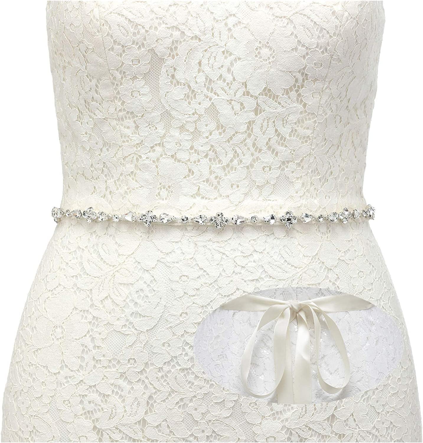 SWEETV Rhinestone Bridal Belt Bridesmaid Sash Crystal Wedding Belt Headband Women Dress Accessories Apparel & Accessories > Clothing Accessories > Belts SWEETV Silver + Ivory Ribbon  