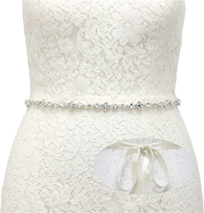 SWEETV Rhinestone Bridal Belt Bridesmaid Sash Crystal Wedding Belt Headband Women Dress Accessories Apparel & Accessories > Clothing Accessories > Belts SWEETV Silver + Ivory Ribbon  