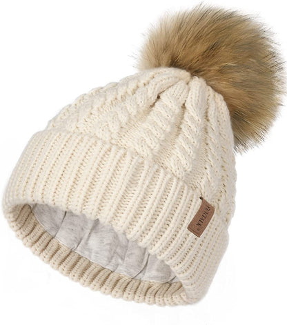 FURTALK Winter Beanie Hat for Women Cotton Lined Faux Fur Pom Pom Hats Womens Warm Thick Knit Skull Cap Apparel & Accessories > Clothing Accessories > Hats KYLIE MAX 04 Beige One Size 