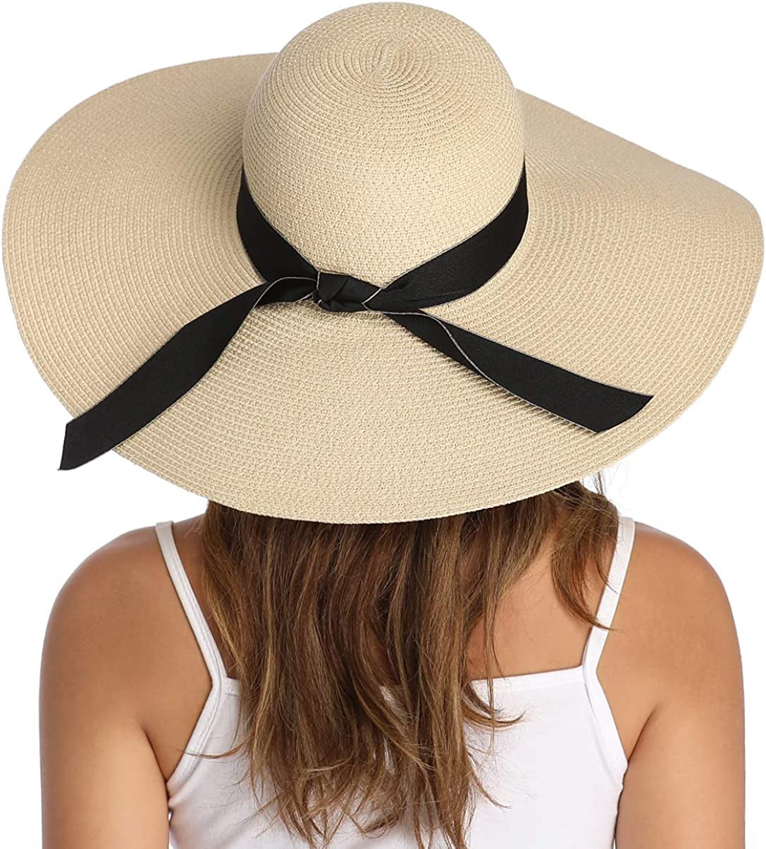 Lanzom Womens Wide Brim Straw Hat Big Floppy Foldable Roll up Cap Beach Sun Hat UPF 50+ Apparel & Accessories > Clothing Accessories > Hats Lanzom Bowknot-beige One Size 