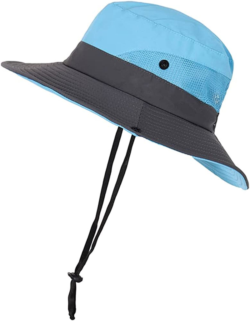 ROYAL MATRIX Womens Ponytail Sun Hats Outdoor Bucket Hat UV Protection Fishing Hats Wide Brim Windproof Foldable Beach Hat Apparel & Accessories > Clothing Accessories > Hats ROYAL MATRIX Blue  