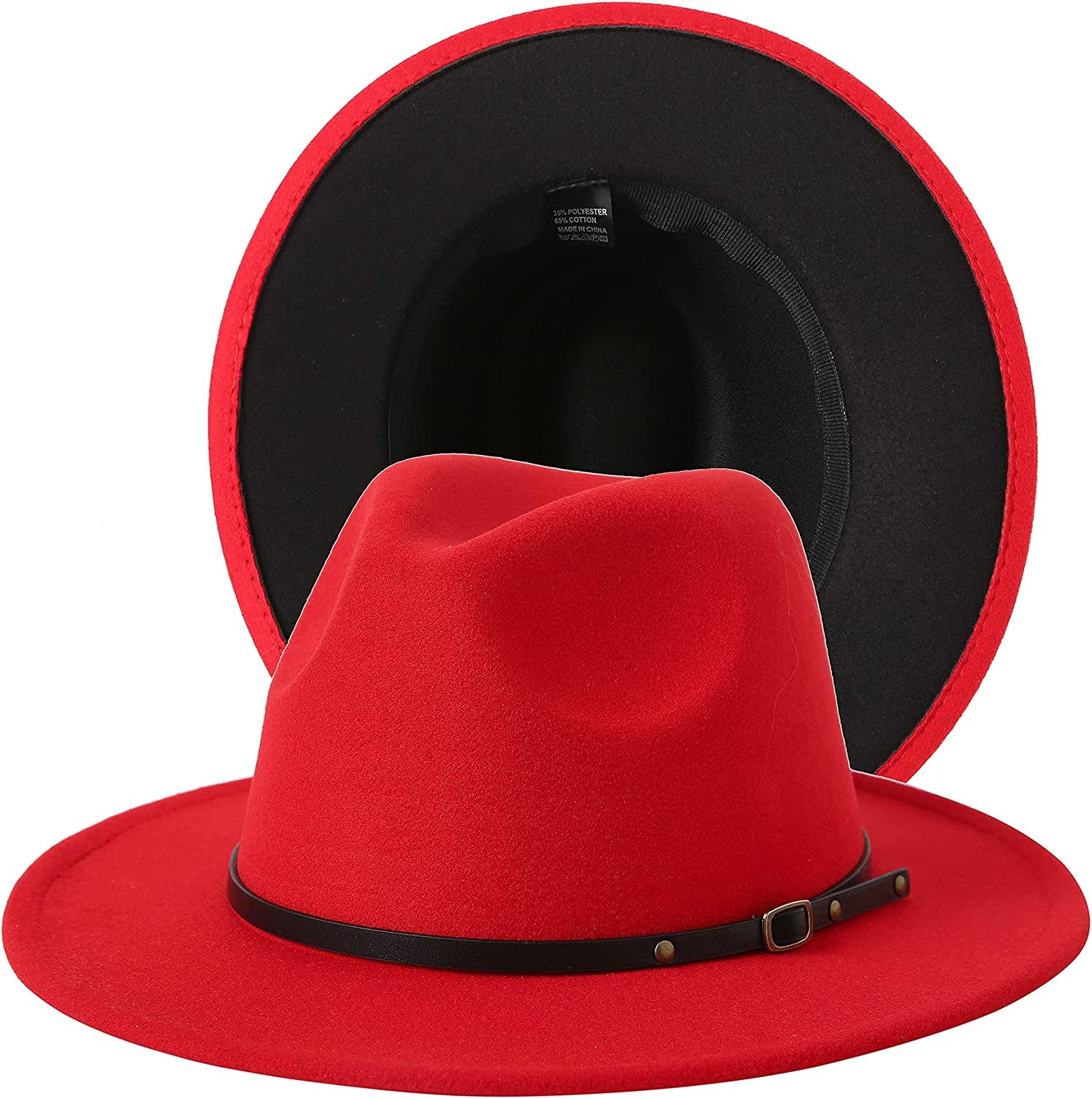 JOYEBUY Women Lady Two Tone Wide Brim Panama Hat Patchwork Colors Classic Fedora Hat with Belt Buckle Apparel & Accessories > Clothing Accessories > Hats JOYEBUY Red/Black One Size 