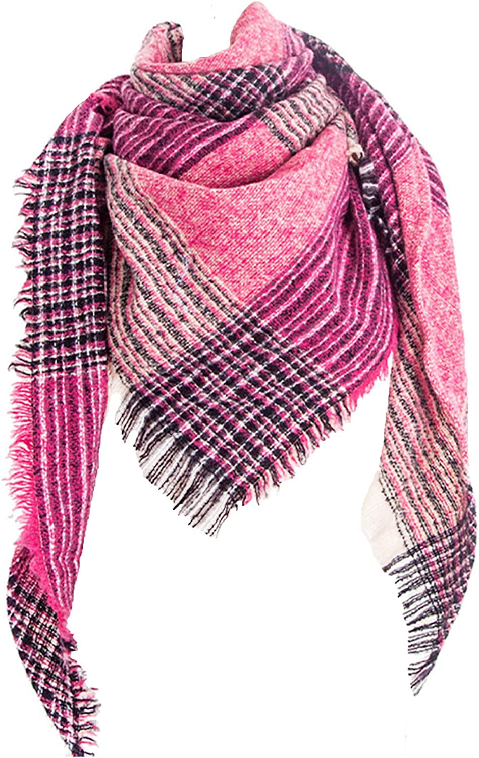 Wander Agio Womens Warm Scarf Triangle Shawls Winter Scarves Stripe Plaid Fichu Rough Surface Apparel & Accessories > Clothing Accessories > Scarves & Shawls Wander Agio Big Plaid Rose 32  