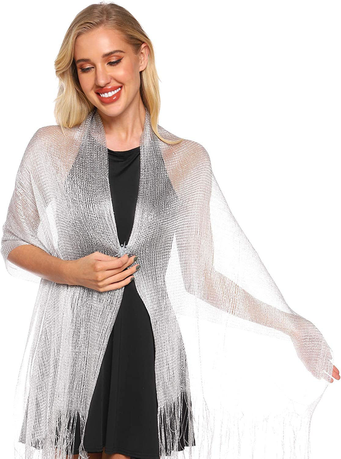 Metallic Shimmering Shawls and Wraps with Snowflake Scarf Clip for Evening Dress Apparel & Accessories > Clothing Accessories > Scarves & Shawls SATINIOR Silver  