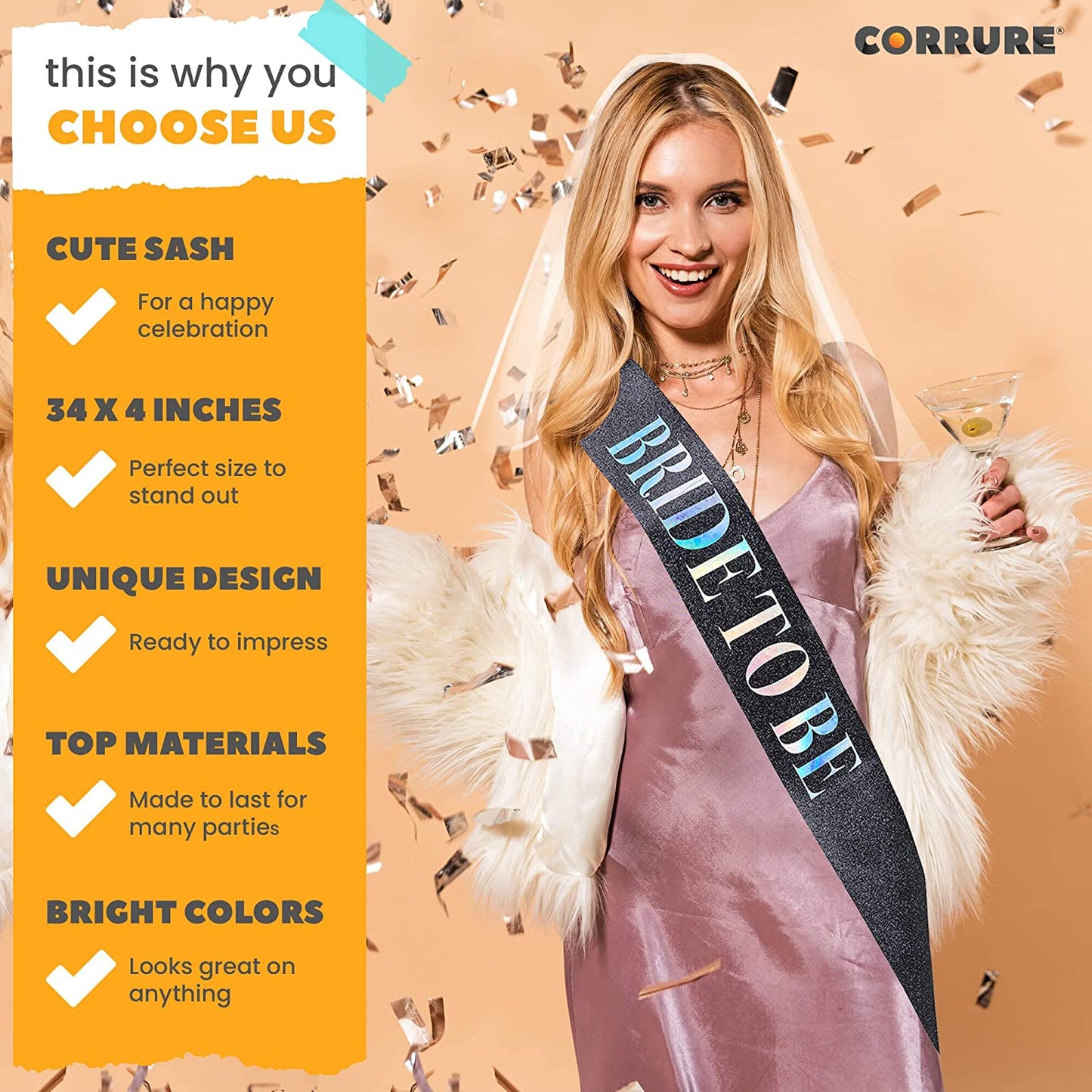 CORRURE 'Bride to Be' Sash for Bachelorette Party - Bridal Shower Black Glitter Sash with Multicolor Foil Lettering - Hen Party Decorations Supplies Accessories, Wedding Engagement Party Favors Gift Apparel & Accessories > Clothing Accessories > Sashes CORRURE   