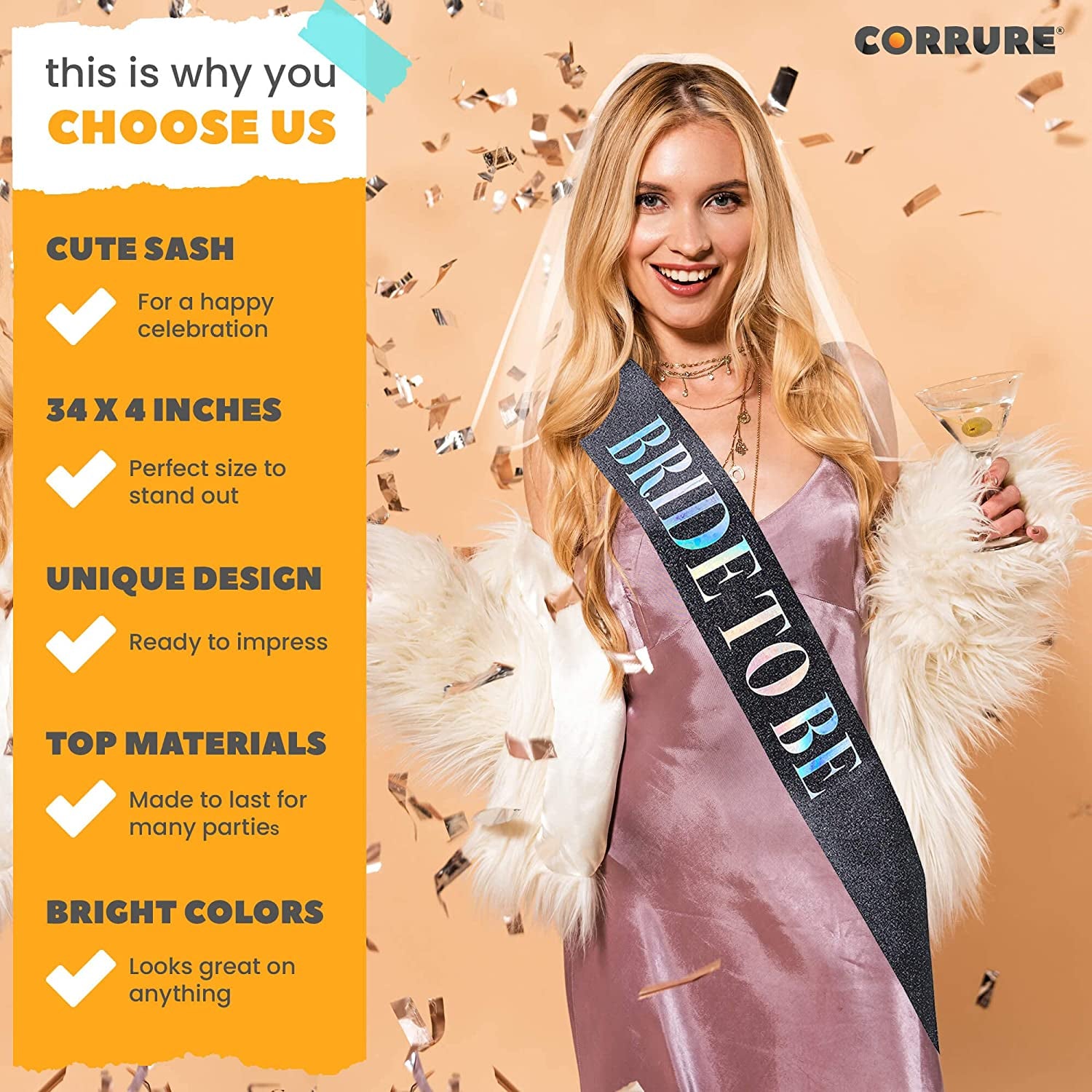 CORRURE 'Bride to Be' Sash for Bachelorette Party - Bridal Shower Black Glitter Sash with Multicolor Foil Lettering - Hen Party Decorations Supplies Accessories, Wedding Engagement Party Favors Gift Apparel & Accessories > Clothing Accessories > Sashes CORRURE   
