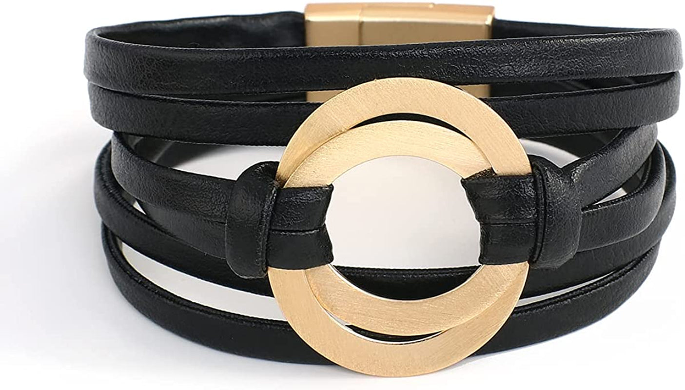 Circle Charm Bracelets for Women Handmade Coffee Leather Wrap Bracelets for Women Teen Girls Bohemian Couples Friendship Bracelet Cuff Bangle with Magnetic Clasp Boho Jewelry Gift for Sisters, Wife and Mother Apparel & Accessories > Jewelry > Bracelets hotoo Black  