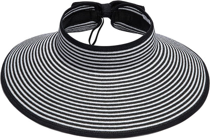 Simplicity Women'S UPF 50+ Wide Brim Roll-Up Straw Sun Hat Sun Visor Apparel & Accessories > Clothing Accessories > Hats Simplicity Black / White Stripe  