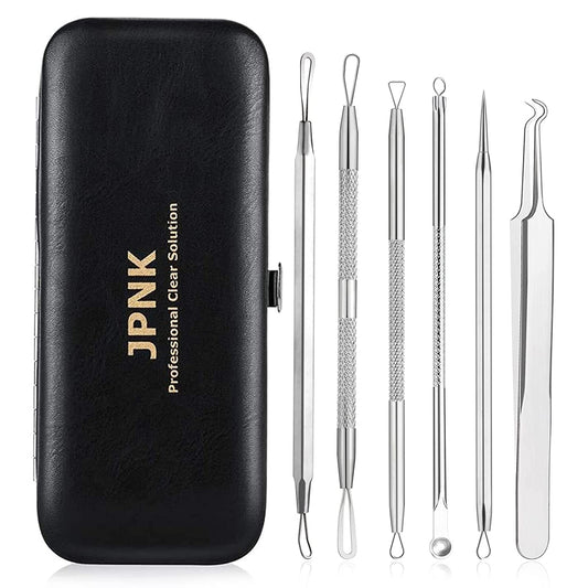 JPNK Blackhead Remover Tool Comedones Extractor Acne Removal Kit for Blemish, Whitehead Popping, 6 Pcs Zit Removing for Nose Face Tools with a Leather Bag Health & Beauty > Personal Care > Cosmetics > Cosmetic Tools > Skin Care Tools JPNK Silver  