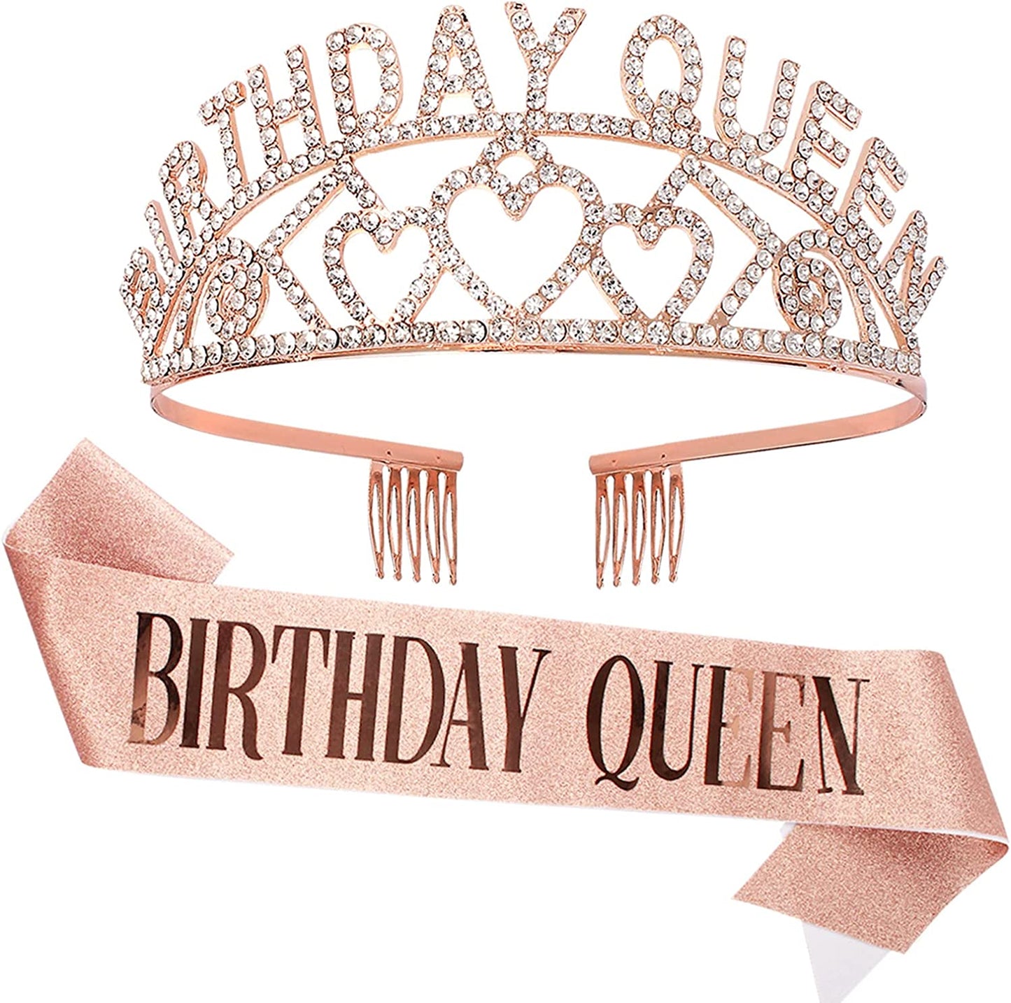 CAVETEE Gold Birthday Queen Rhinestone Tiara and Sash- Birthday Tiara and Sash Birthday Party Favors Glitter Birthday Decorations for Women（Multi Color Letter） Apparel & Accessories > Clothing Accessories > Sashes CAVETEE Rose Gold Queen  