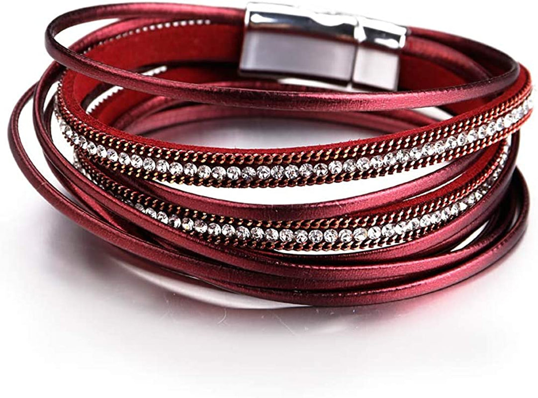 Fesciory Leather Wrap Bracelet for Women, Leopard Multi-Layer Magnetic Buckle Cuff Bracelet Jewelry Apparel & Accessories > Jewelry > Bracelets Fesciory B22-Red Rhinestone  