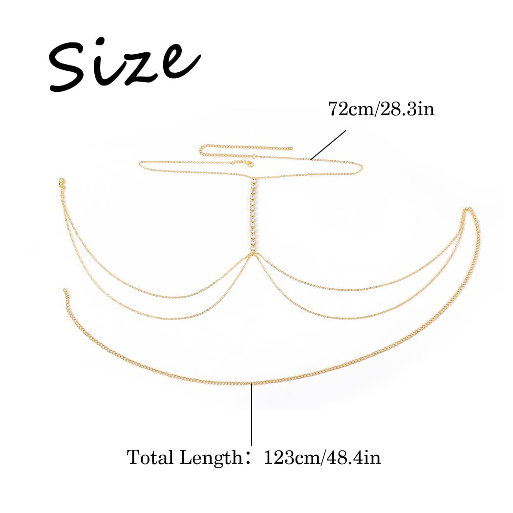 Bodiy Crystal Body Chains Bra Gold Rhinestones Chest Chain Bikini Rave Party Club Body Jewelry Sparkly Accessories for Women and Girls (Gold-3) Apparel & Accessories > Jewelry > Body Jewelry BODIY   
