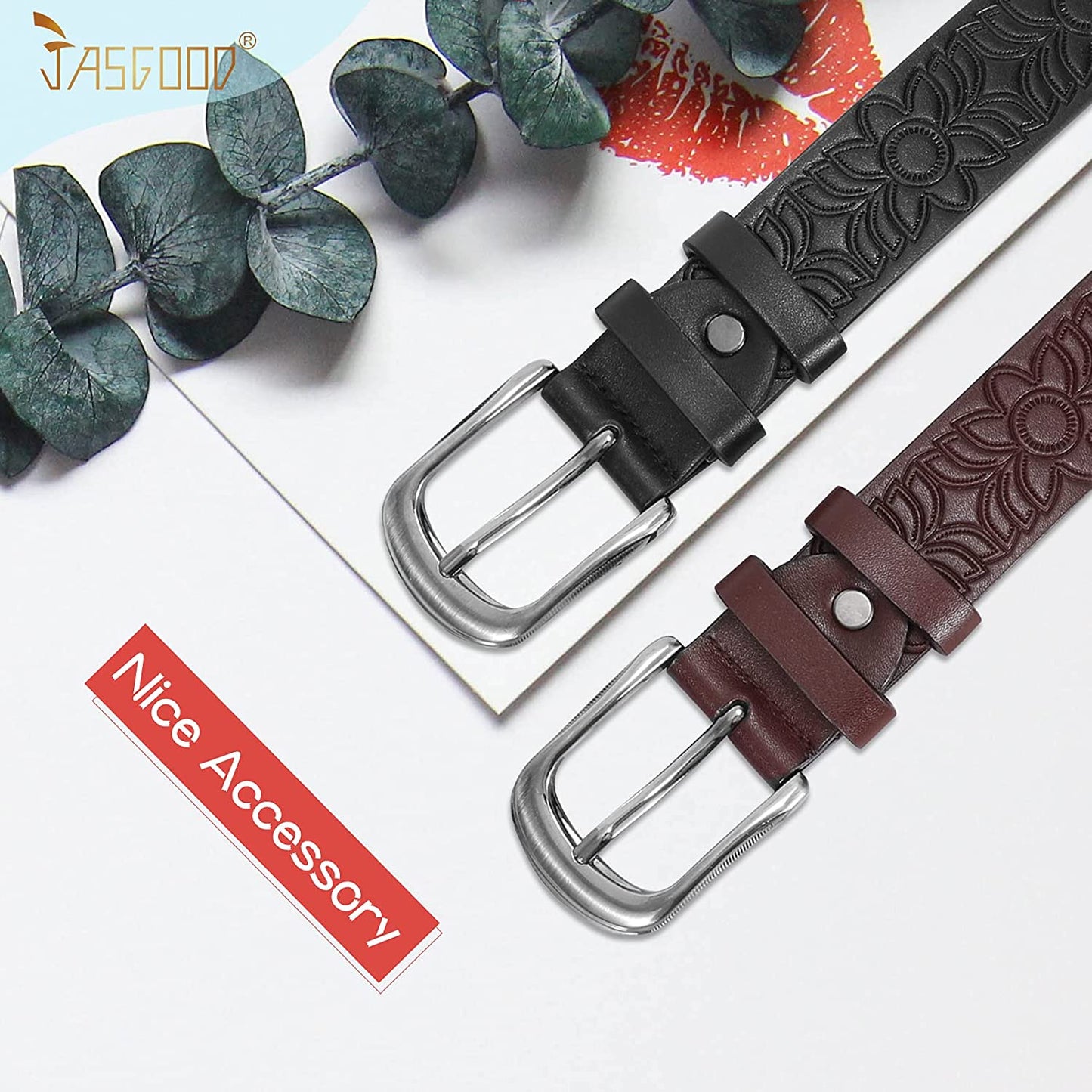 JASGOOD Hollow Leather Belt for Women, Wide Leather Belt for Jeans Pants with Pin Buckle Apparel & Accessories > Clothing Accessories > Belts KYLIE MAX   