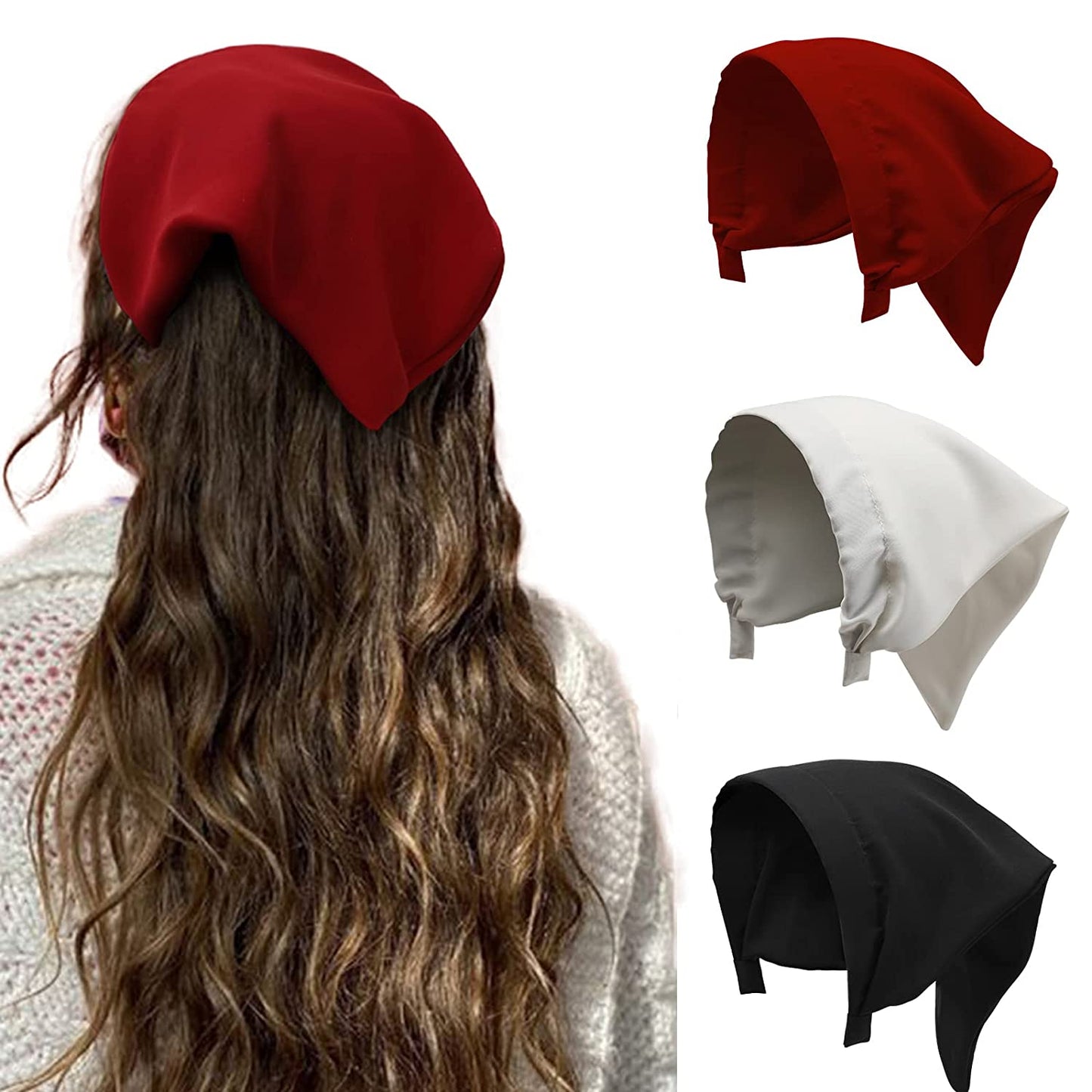 Floral Hair Scarf Headbands for Women - HAIMEIKANG Boho Hair Bandanas Scarf for Women Triangle Head Kerchief Solid Color Hair Bands Vintage Head Scarf (Beige+Yellow+Black) Apparel & Accessories > Clothing Accessories > Bandanas & Headties HAIMEIKANG Black+White+Wine Red  