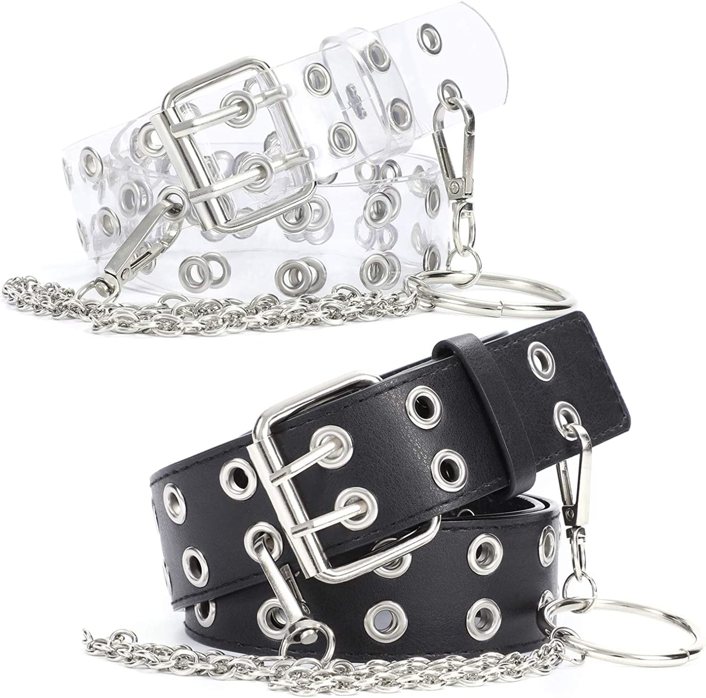 WERFORU 2 Pack Double Grommet Belt PU Leather Punk Belt for Women Jeans Apparel & Accessories > Clothing Accessories > Belts WERFORU F-black+clear+chain suit for pant below 41" 