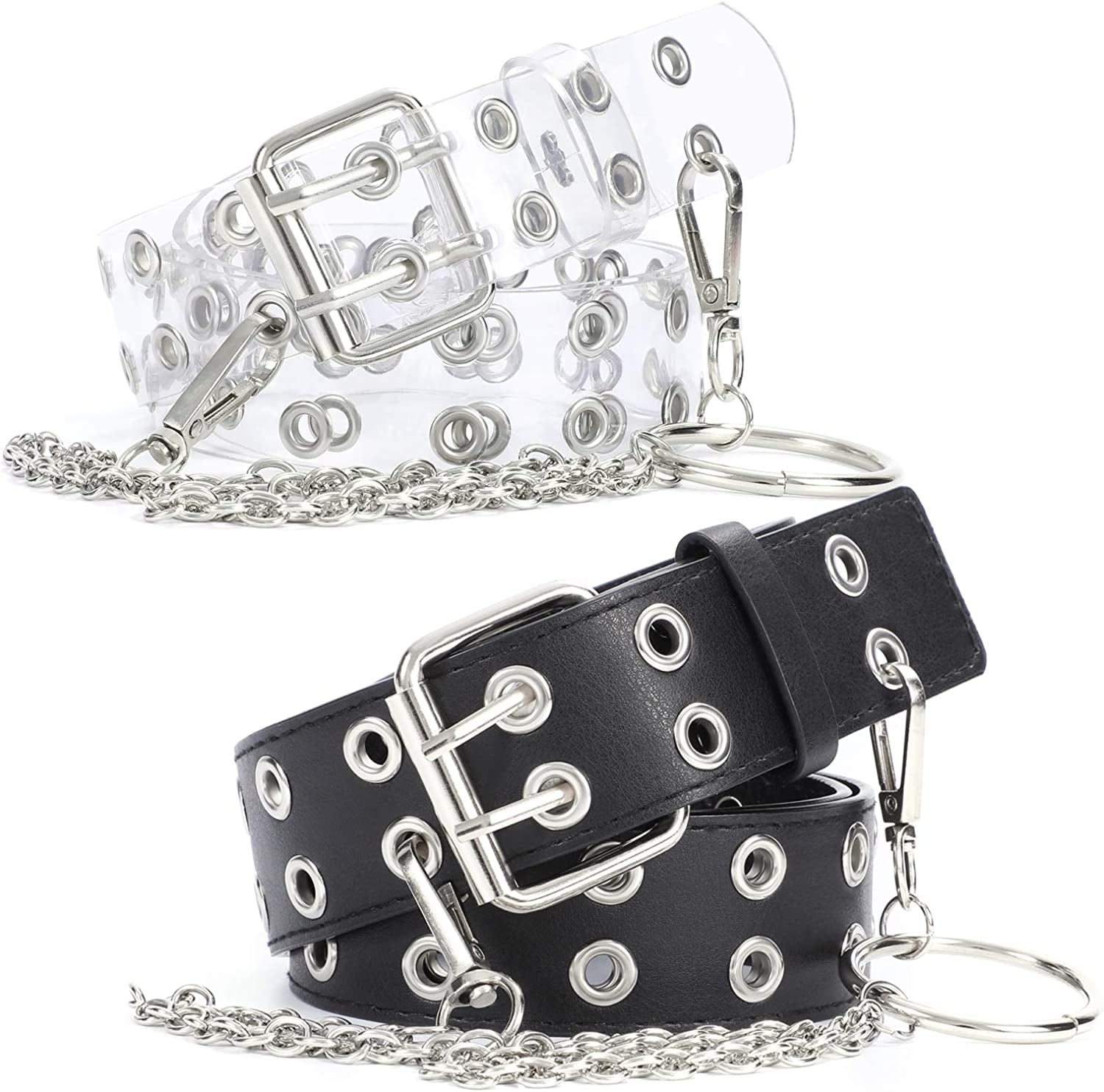 WERFORU 2 Pack Double Grommet Belt PU Leather Punk Belt for Women Jeans Apparel & Accessories > Clothing Accessories > Belts WERFORU F-black+clear+chain suit for pant below 41" 