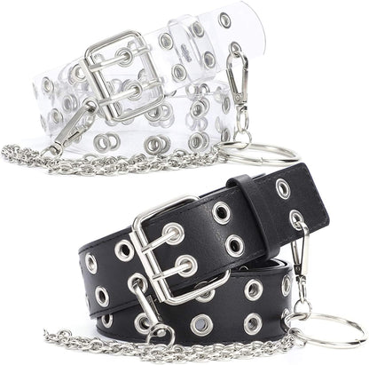 WERFORU 2 Pack Double Grommet Belt PU Leather Punk Belt for Women Jeans Apparel & Accessories > Clothing Accessories > Belts WERFORU F-black+clear+chain suit for pant below 41" 