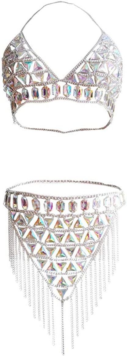 Minesign Crystal Body Chain Large Women Waist Vest Harness Shoulder Jewelry Kit for Maternity Photo Shoot Party Bikini Apparel & Accessories > Jewelry > Body Jewelry MineSign Silver Bra Set  