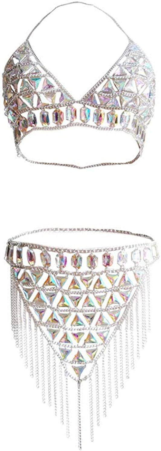 Minesign Crystal Body Chain Large Women Waist Vest Harness Shoulder Jewelry Kit for Maternity Photo Shoot Party Bikini Apparel & Accessories > Jewelry > Body Jewelry MineSign Silver Bra Set  