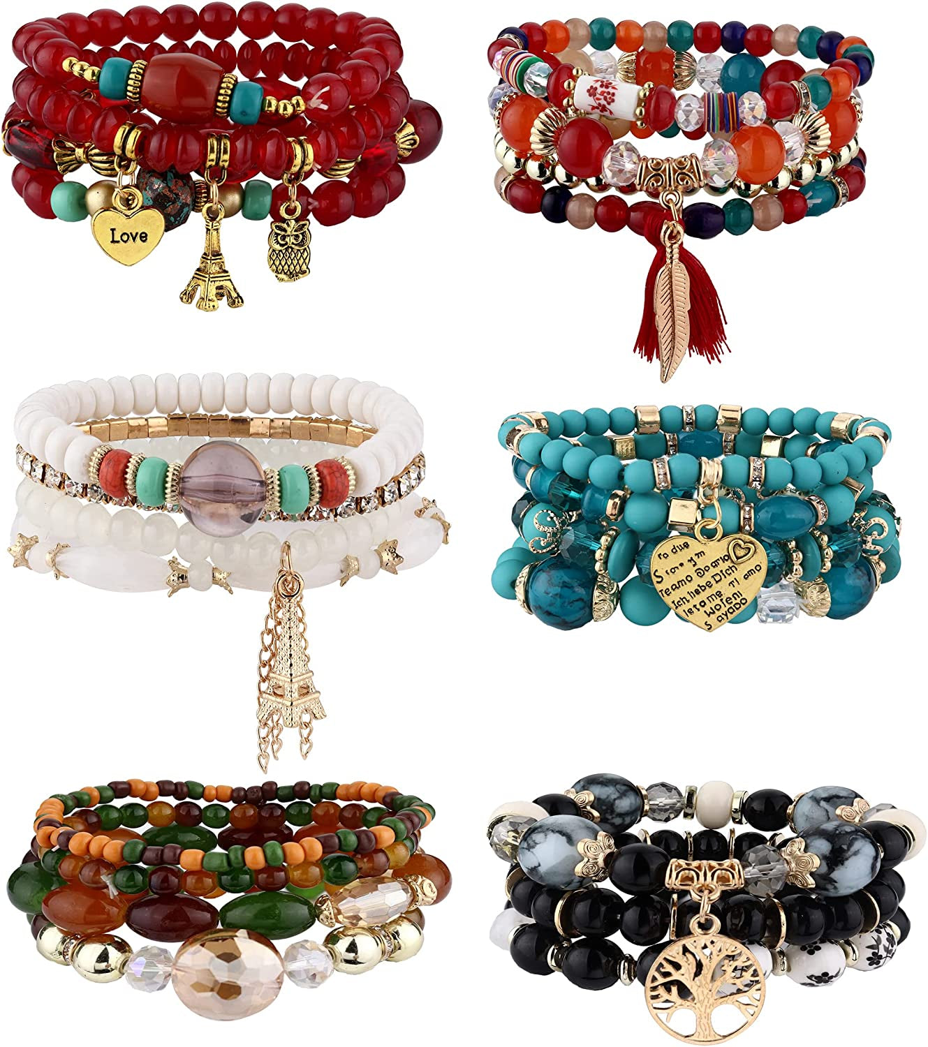 Jstyle Bohemian Stackable Bead Bracelets for Women 6 Sets Stretch Beaded Bracelets Multi-Color Boho Jewelry for Women Multilayer Bracelet Boho Apparel & Accessories > Jewelry > Bracelets Jstyle D:Bohemian stackable bracelet  
