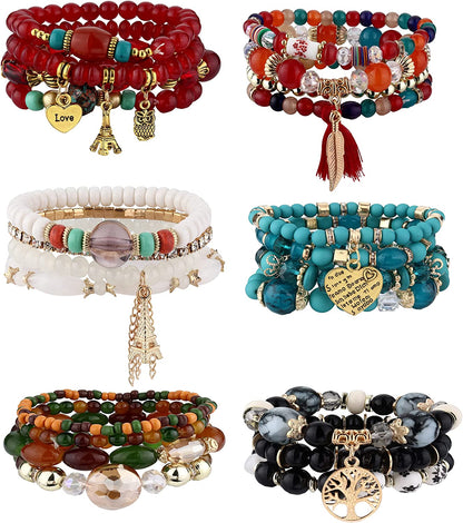 Jstyle Bohemian Stackable Bead Bracelets for Women 6 Sets Stretch Beaded Bracelets Multi-Color Boho Jewelry for Women Multilayer Bracelet Boho Apparel & Accessories > Jewelry > Bracelets Jstyle D:Bohemian stackable bracelet  