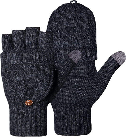 Winter Gloves Warm Wool Knit Flip Fingerless Gloves Mittens for Women Gifts Apparel & Accessories > Clothing Accessories > Gloves & Mittens Loritta Black  