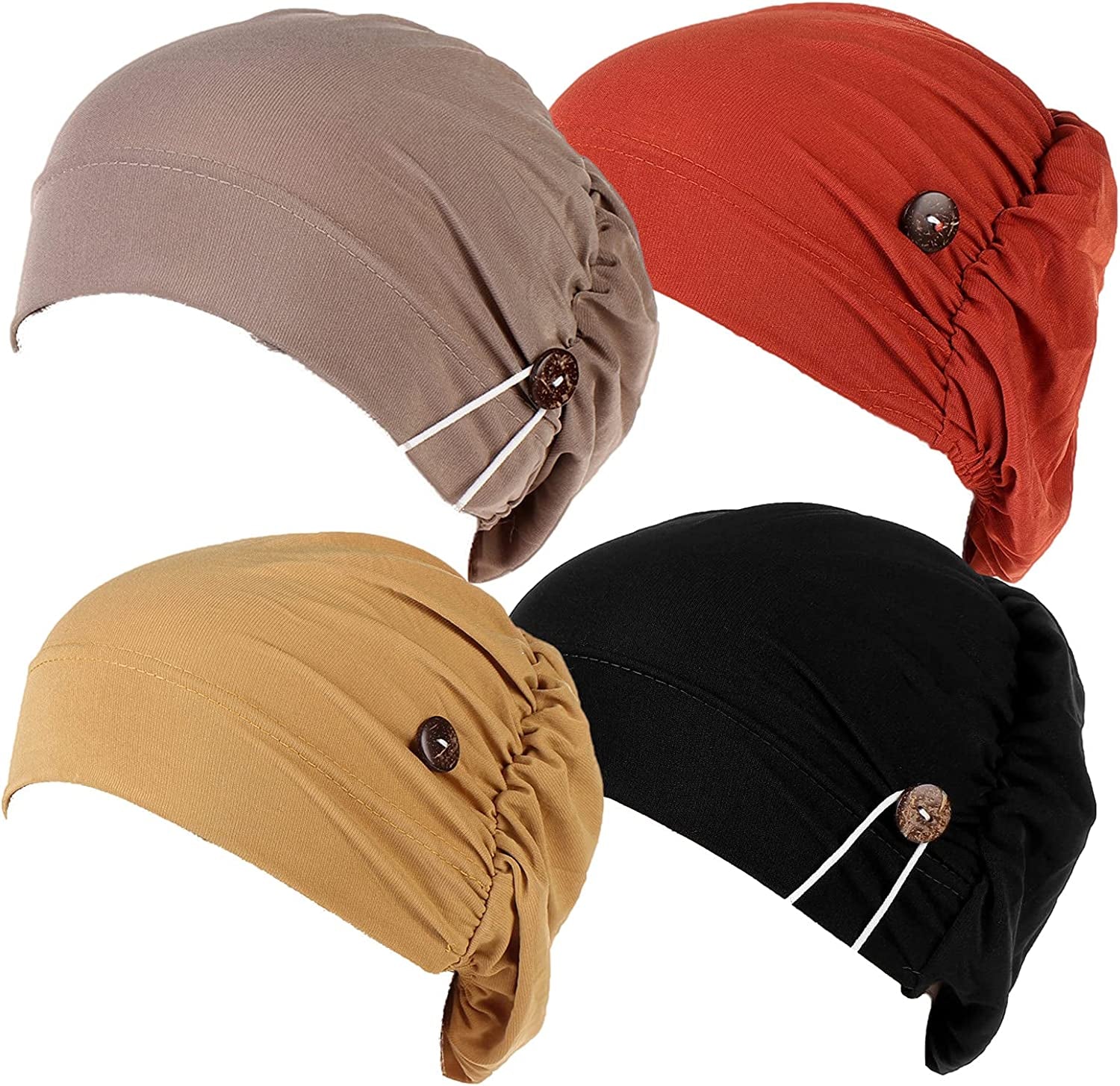 Qianmome 2-4 Pack Beanie with Button for Women Men Nurse,Working Hat,Chemo Caps for Cancer Patients Apparel & Accessories > Clothing Accessories > Headwear Qianmome 1b04-khaki&black&yellow&red  
