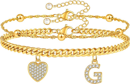 Gold Ankle Bracelets for Women 14K Gold Plated Heart Initial Cuban Link Anklets for Women Charm Gold Anklet for Women Summer Bracelets for Teen Girls Women Anklets Jewelry Apparel & Accessories > Jewelry > Anklets BRIJEWLIC G  