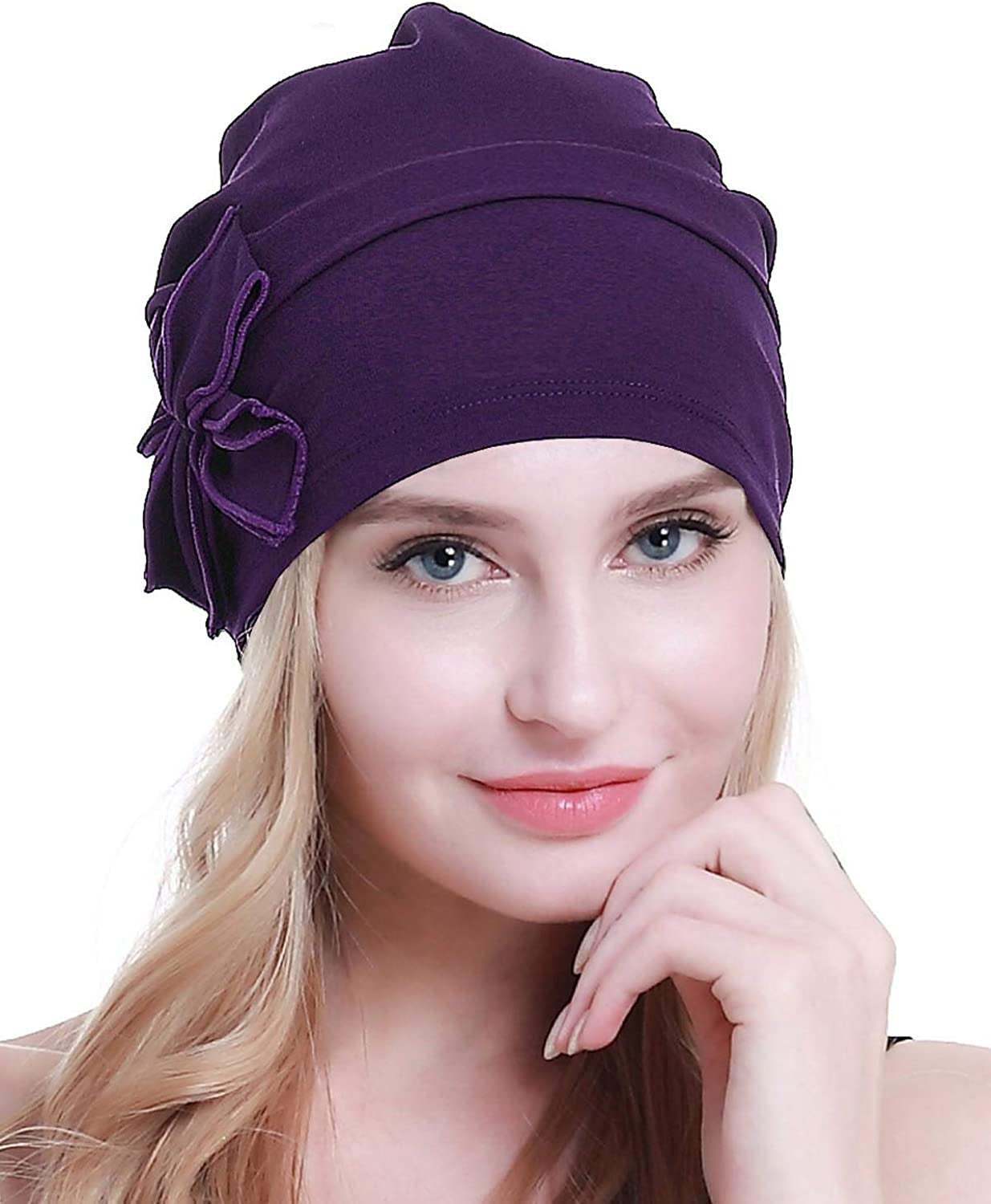 Osvyo Cotton Chemo Turbans Headwear Beanie Hat Cap for Women Cancer Patient Hairloss Apparel & Accessories > Clothing Accessories > Headwear osvyo Cotton Purple One Size 