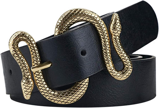 Belts for Women,Women Fashion Leather Belt for Dress with Snake Belt Buckle Apparel & Accessories > Clothing Accessories > Belts taffeta alley Black+gold Buckle waist28.6"-32.6" 