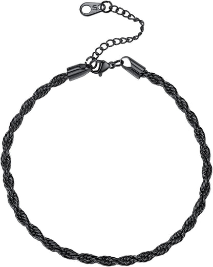 Women Girls Barefoot Jewelry 18K Gold or Rose Gold Stainless Steel Heart / Rope / Figaro / Cuban Chain Anklet Foot Bracelet, 25-30 CM Long Apparel & Accessories > Jewelry > Anklets U7 Jewelry 12.black-3mm rope chain  