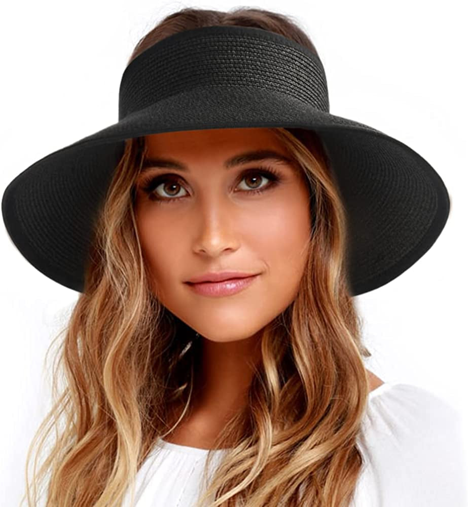 FURTALK Sun Visor Hats for Women Wide Brim Straw Roll up Ponytail Summer Beach Hat UV UPF Packable Foldable Travel Apparel & Accessories > Clothing Accessories > Hats KYLIE MAX Black Medium 