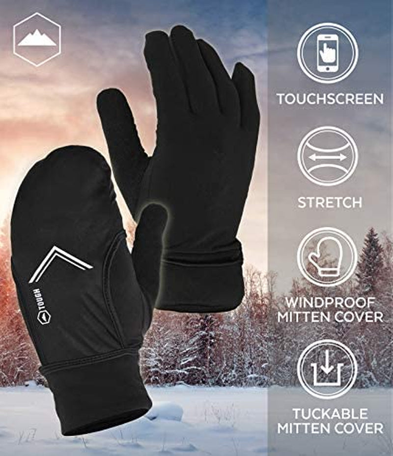 Running Mitten Gloves with Touch Screen - Winter Glove Liners with Convertible Mittens Cover for Texting, Cycling & Driving - Thin, Lightweight, Warm Cold Weather Thermal Sports Gloves for Men & Women Apparel & Accessories > Clothing Accessories > Gloves & Mittens Tough Outdoors   
