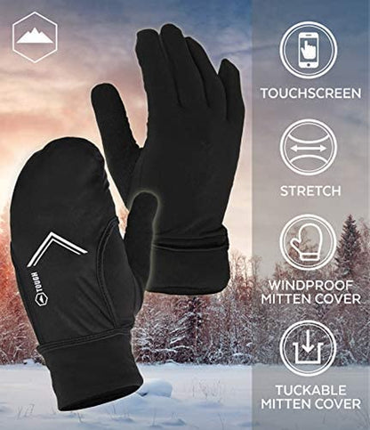 Running Mitten Gloves with Touch Screen - Winter Glove Liners with Convertible Mittens Cover for Texting, Cycling & Driving - Thin, Lightweight, Warm Cold Weather Thermal Sports Gloves for Men & Women Apparel & Accessories > Clothing Accessories > Gloves & Mittens Tough Outdoors   