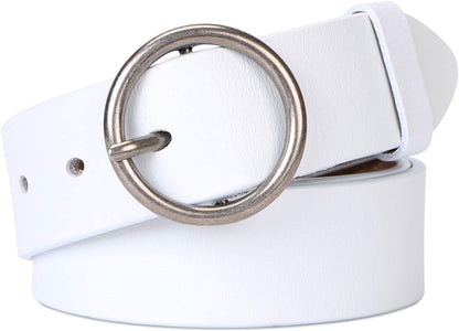 Fashion Women Leather Belt for Dresses Jeans Pants with Classic round Buckle by SUOSDEY… Apparel & Accessories > Clothing Accessories > Belts SUOSDEY 00-white Suitable for 40"-44" Waist 