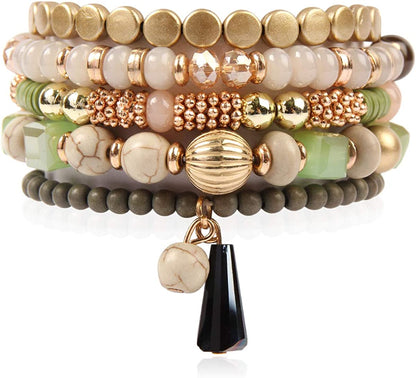Bohemian Mix Bead Multi Layer Versatile Statement Bracelets - Stackable Beaded Strand Stretch Bangles Sparkly Crystal, Tassel Charm Apparel & Accessories > Jewelry > Bracelets RIAH FASHION Green  