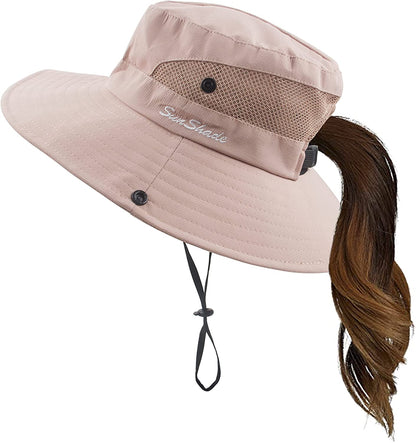 Mukeyo Womens Summer Sun Hat Wide Brim Outdoor UV Protection Hat Foldable Ponytail Bucket Cap for Beach Fishing Hiking Apparel & Accessories > Clothing Accessories > Hats Mukeyo Pure Pink  