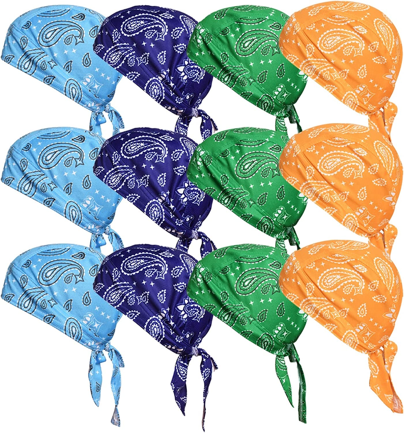 Ransiy Do Rag Skull Cap Bandana Head Wraps Biker Beanie Cap Bandana Hat Chemo Cap Dew Rag for Men and Women Apparel & Accessories > Clothing Accessories > Bandanas & Headties ransiy 4 Pack Camo (12pcs Turquoise-blue-green-yellow)  
