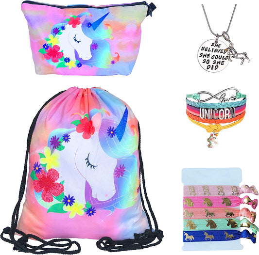 Unicorn Gifts for Girls - Unicorn Drawstring Backpack/Makeup Bag/Bracelet/Inspirational Necklace/Hair Ties (Flower Unicorn) Apparel & Accessories > Jewelry > Bracelets Doctor Unicorn Flower Unicorn  