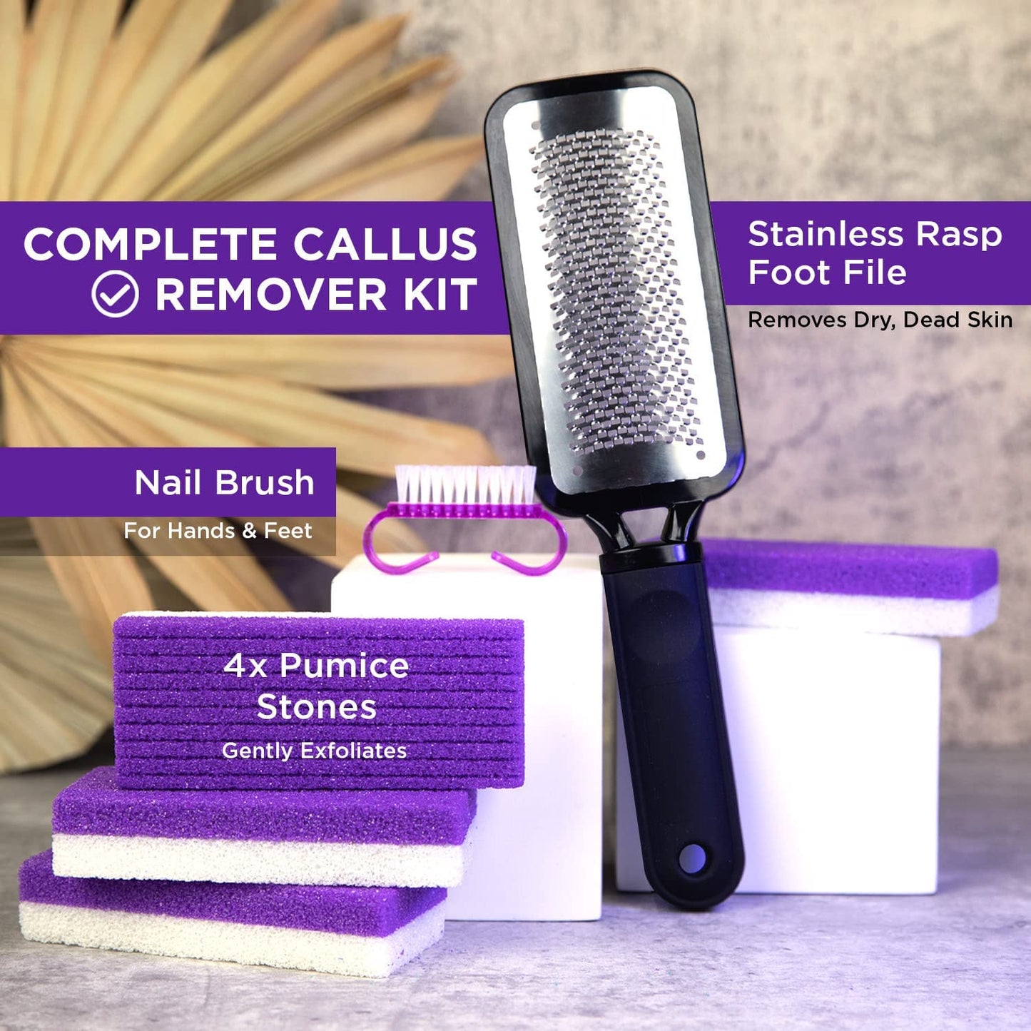 DAILY REMEDY Foot Callus Remover Set - Includes 1 Stainless Rasp Foot File, 4 Premium Pumice Stone and 1 Nail Brush, Best Foot Care Pedicure Tools to Remove Hard Dry Skin (Purple) Health & Beauty > Personal Care > Foot Care DAILY REMEDY   