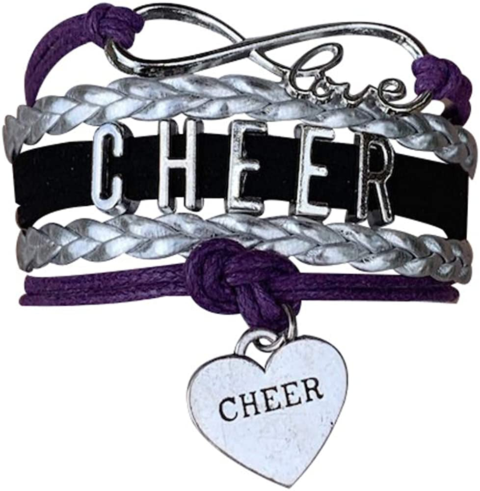 Cheer Charm Bracelet- Girls Infinity Love Adjustable Cheerleading Jewelry in Team Colors for Cheerleaders Apparel & Accessories > Jewelry > Bracelets Sportybella Purple/Black/Silver  