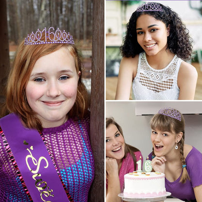Sweet 16 Birthday Decorations Purple, 16Th Birthday Gifts for Girls, Sweet 16 Crown and Sash, 16Th Birthday Sash, Sweet 16 Sash and Tiara, Birthday Girl, Happy 16Th Birthday Party Supplies Cake Topper Apparel & Accessories > Clothing Accessories > Sashes CIEHER   