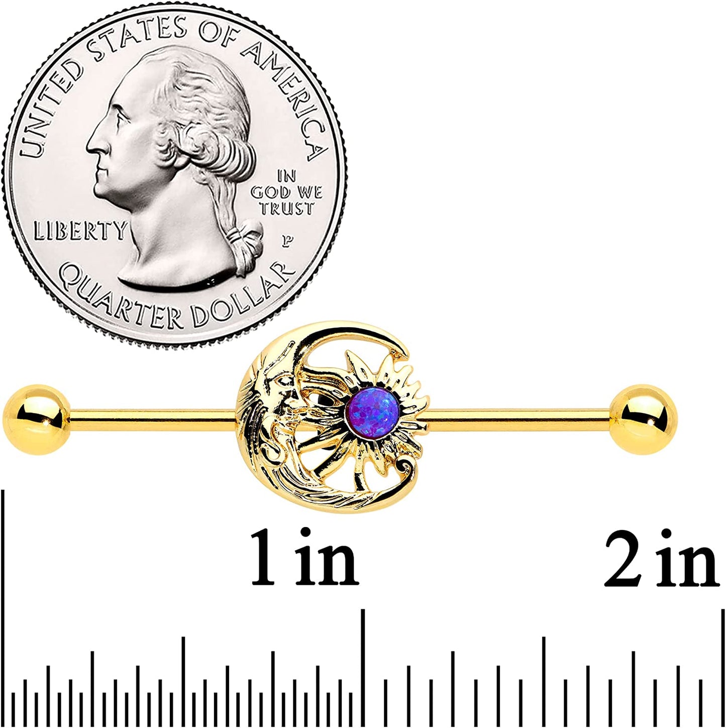 Body Candy Gold Anodized Steel Purple Synthetic Opal Moon Sun Helix Earring Industrial Barbell 14 Gauge 38Mm Apparel & Accessories > Jewelry > Body Jewelry Body Candy   