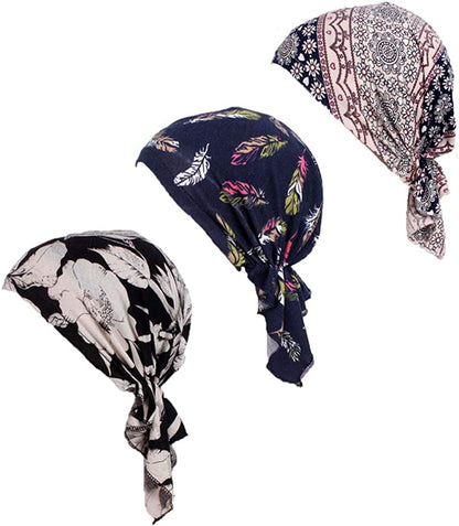 Pre Tied Chemo Head Scarf 3 Packed Beanie Skull Cover Cap for Women (Set6-Long Style) Apparel & Accessories > Clothing Accessories > Bandanas & Headties Qovelly A1-3 Packed  