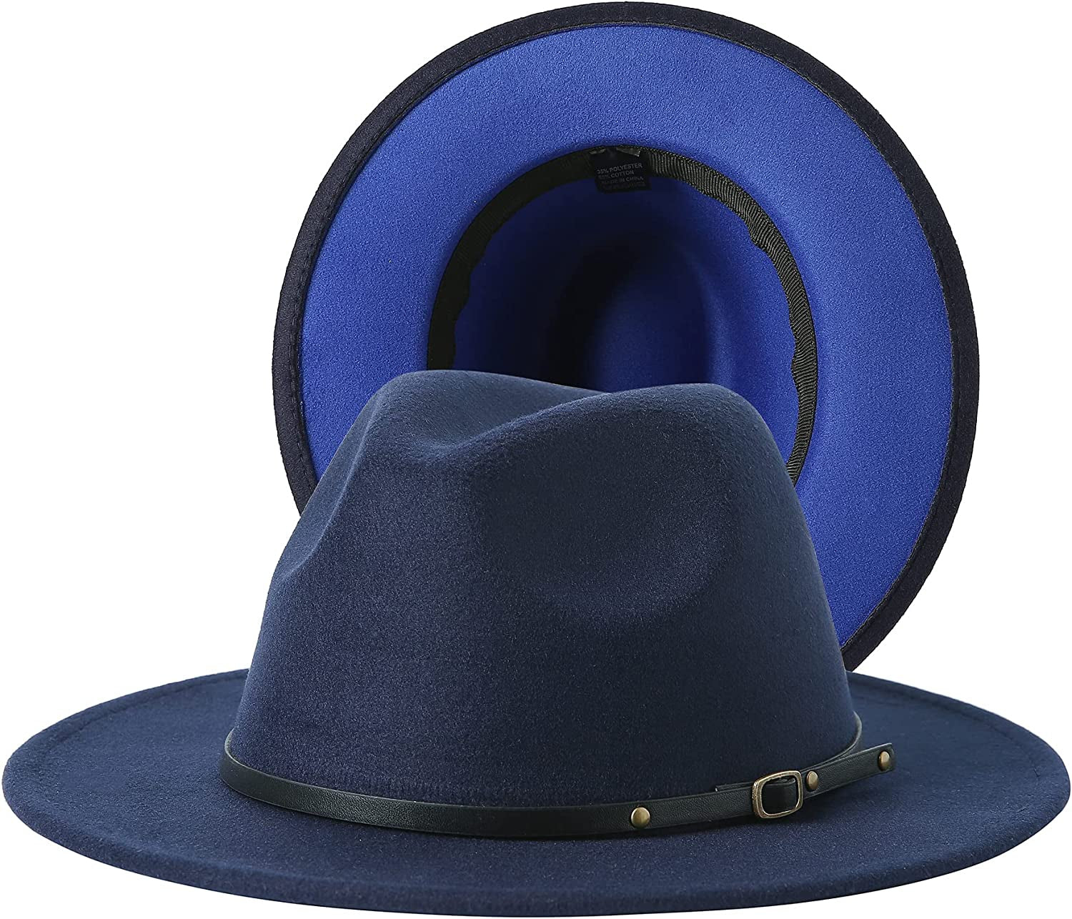 JOYEBUY Women Lady Two Tone Wide Brim Panama Hat Patchwork Colors Classic Fedora Hat with Belt Buckle Apparel & Accessories > Clothing Accessories > Hats JOYEBUY Navy Blue/Royal Blue One Size 