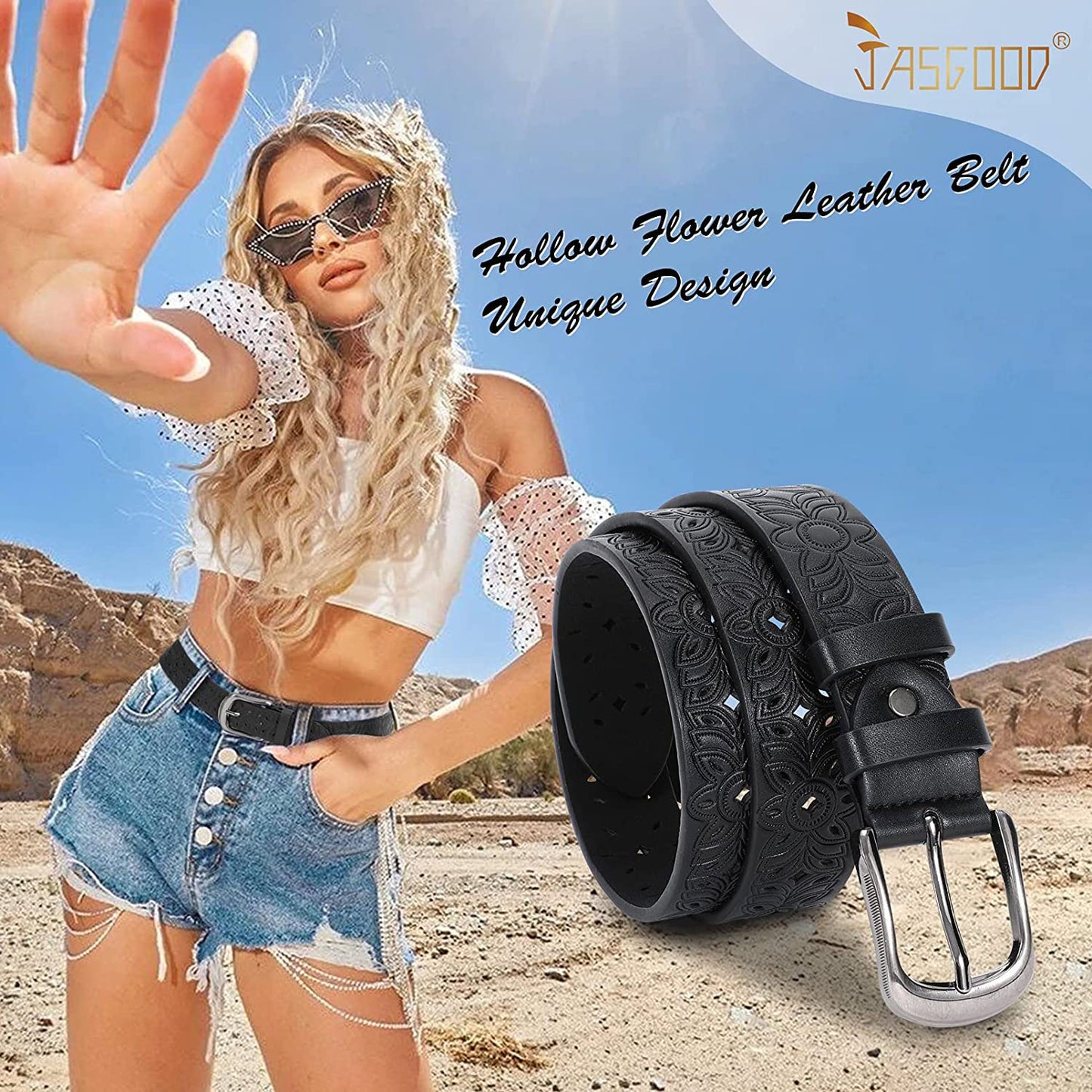 JASGOOD Hollow Leather Belt for Women, Wide Leather Belt for Jeans Pants with Pin Buckle Apparel & Accessories > Clothing Accessories > Belts KYLIE MAX   