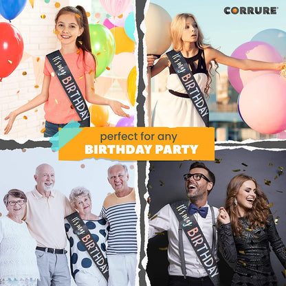 CORRURE 'It'S My Birthday' Sash Glitter with Multicolor Foil - Black Glitter Happy Birthday Sash for Women - Party Favors Supplies and Decorations for Sweet 16, 18Th 21St 30Th 40Th or Any Bday Party Apparel & Accessories > Clothing Accessories > Sashes CORRURE   