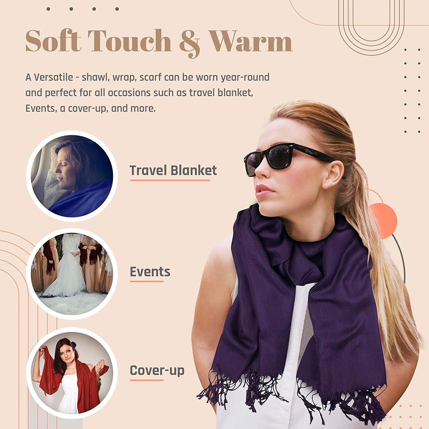 Plum Feathers Premium Solid Color and Metallic Fashion Scarf, Womens Pashmina Shawl Wrap with Fringes Apparel & Accessories > Clothing Accessories > Scarves & Shawls Plum Feathers   